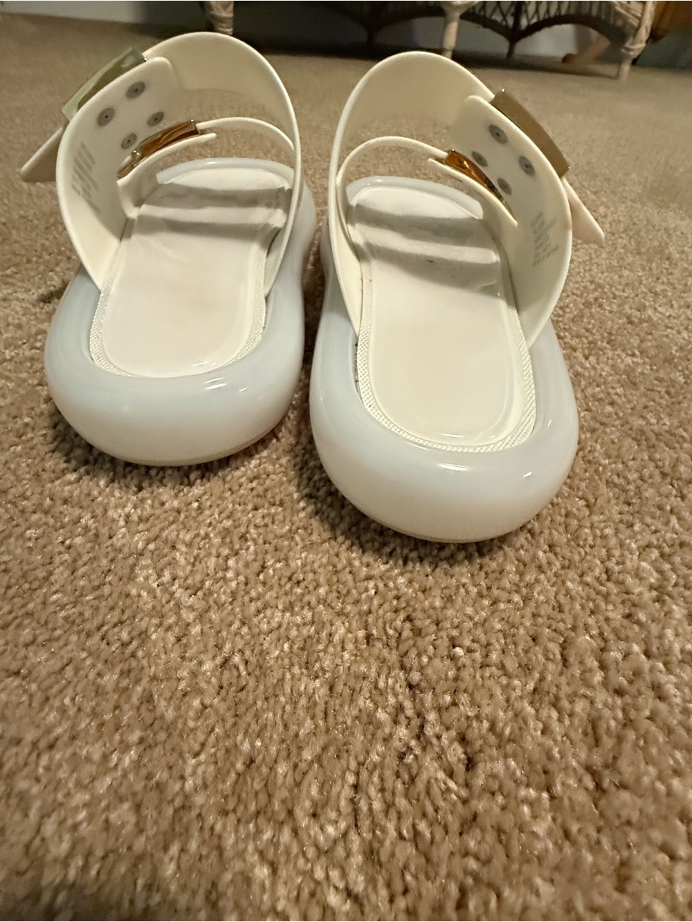 Tory Burch White Double-Strap Patent Slide Sandals with Gold Logo Buckles - Picture 3 of 4